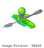 #36640 Clip Art Graphic Of A Lime Green Guy Character Kayaking
