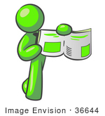 #36644 Clip Art Graphic Of A Lime Green Guy Character Holding And Showing A Story