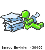 #36655 Clip Art Graphic Of A Lime Green Guy Character Reading Paperwork