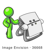 #36668 Clip Art Graphic Of A Lime Green Guy Character With A Rolodex