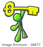 #36677 Clip Art Graphic Of A Lime Green Guy Character Holding Up A Skeleton Key
