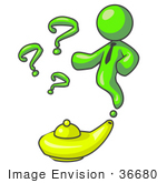 #36680 Clip Art Graphic Of A Lime Green Guy Character Emerging From A Genie Lamp