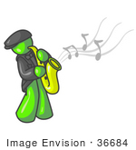#36684 Clip Art Graphic Of A Lime Green Guy Character Playing Jazz Music With A Sax