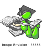 #36686 Clip Art Graphic Of A Lime Green Guy Character Graduate Reading Books