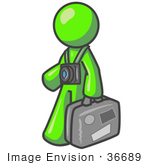 #36689 Clip Art Graphic Of A Lime Green Guy Character Tourist With A Camera And Luggage