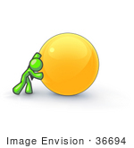 #36694 Clip Art Graphic Of A Lime Green Guy Character Pushing Yellow Ball