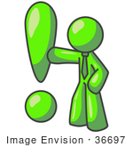 #36697 Clip Art Graphic Of A Lime Green Guy Character With An Exclamation Point