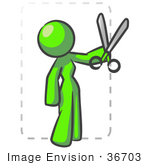 #36703 Clip Art Graphic Of A Lime Green Lady Character Cutting Coupons