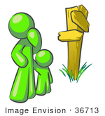 #36713 Clip Art Graphic Of A Lime Green Guy Character And Child At A Crossroads