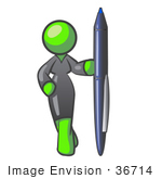 #36714 Clip Art Graphic Of A Lime Green Lady Character Standing With A Pen