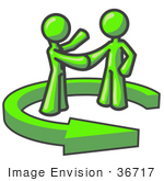 #36717 Clip Art Graphic Of Lime Green Guy Characters Shaking Hands In An Arrow Circle