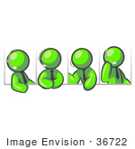 #36722 Clip Art Graphic Of Lime Green Guy Characters Having A Phone Conference On Headsets