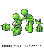 #36723 Clip Art Graphic Of A Lime Green Guy Character Family With A Baby And Pets