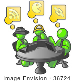 #36724 Clip Art Graphic Of Lime Green Guy Characters Using Computers In An Internet Cafe
