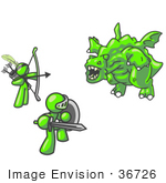 #36726 Clip Art Graphic Of Lime Green Guy Characters Fighting A Dragon