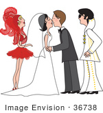 #36738 Clip Art Graphic Of A Vegas Showgirl In Red And An Elvis Impersonator Witnessing A Marriage Ceremony