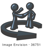 #36751 Clip Art Graphic Of Dark Blue Guy Characters Shaking Hands In An Arrow Circle
