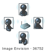 #36752 Clip Art Graphic Of Dark Blue Guy Characters Holding A Phone Conference With Headsets