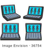 #36754 Clip Art Graphic of Dark Blue Guy Characters on Laptop Computer Screens by Jester Arts