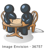 #36757 Clip Art Graphic Of Dark Blue Guy Characters Reviewing Plans At A Table
