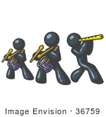 #36759 Clip Art Graphic Of Dark Blue Guy Characters Playing Drums And A Flute In A Band