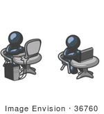 #36760 Clip Art Graphic Of Dark Blue Guy Characters Working On Laptop And Desktop Computers