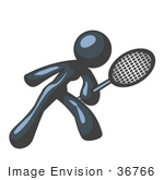 #36766 Clip Art Graphic Of A Dark Blue Lady Character Playing Tennis