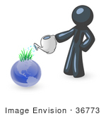 #36773 Clip Art Graphic Of A Dark Blue Guy Character Watering The Earth