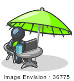 #36775 Clip Art Graphic Of A Dark Blue Guy Character Working On A Laptop Under An Umbrella