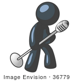 #36779 Clip Art Graphic Of A Dark Blue Guy Character Tipping A Microphone