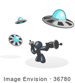 #36780 Clip Art Graphic Of A Dark Blue Guy Character Fighting Ufos
