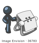 #36783 Clip Art Graphic Of A Dark Blue Guy Character With A Rolodex