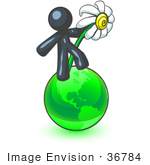 #36784 Clip Art Graphic Of A Dark Blue Guy Character With A Daisy On The Globe