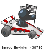 #36785 Clip Art Graphic Of A Dark Blue Guy Character Driving A Race Car