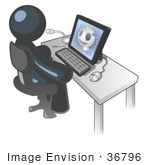 #36796 Clip Art Graphic Of A Dark Blue Guy Character Using A Computer