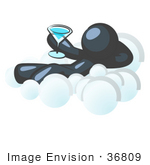 #36809 Clip Art Graphic Of A Dark Blue Guy Character Drinking A Cocktail On A Cloud