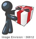 #36812 Clip Art Graphic Of A Dark Blue Guy Character Holding A Gift