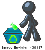 #36817 Clip Art Graphic Of A Dark Blue Guy Character Recycling