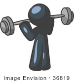 #36819 Clip Art Graphic Of A Dark Blue Guy Character Working Out With A Barbell