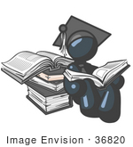 #36820 Clip Art Graphic Of A Dark Blue Guy Character Graduate Reading Books