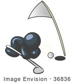 #36836 Clip Art Graphic Of A Dark Blue Guy Character Trying To Blow A Golf Ball Into The Hole