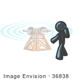 #36838 Clip Art Graphic Of A Dark Blue Guy Character By A Tower Using A Cell Phone