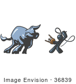 #36839 Clip Art Graphic Of A Dark Blue Guy Character Battling A Bull With A Whip
