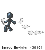 #36854 Clip Art Graphic Of A Dark Blue Guy Character Dropping Papers