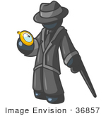 #36857 Clip Art Graphic Of A Dark Blue Guy Character With A Cane Checking A Pocket Watch