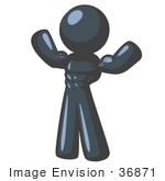 #36871 Clip Art Graphic of a Dark Blue Guy Character Flexing His Muscles by Jester Arts