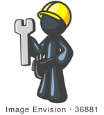 #36881 Clip Art Graphic Of A Dark Blue Guy Character Handy Man With A Spanner