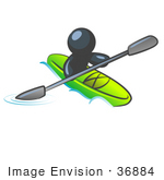 #36884 Clip Art Graphic Of A Dark Blue Guy Character Kayaking