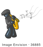#36885 Clip Art Graphic Of A Dark Blue Guy Character Playing Jazz Music With A Sax