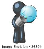 #36894 Clip Art Graphic Of A Dark Blue Guy Character Holding A Light Bulb